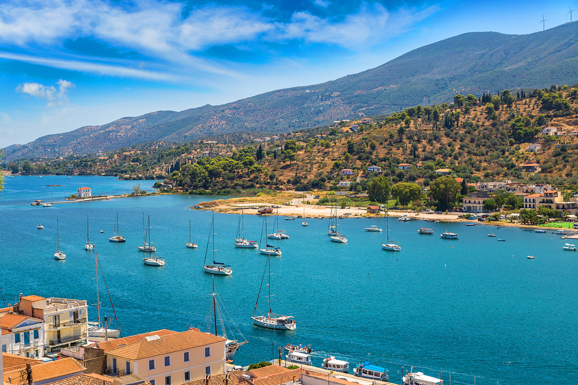 many boats anchored in Poros bay