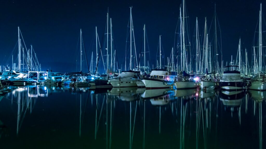 night view of boats moored in Gouvia marina on Corfu